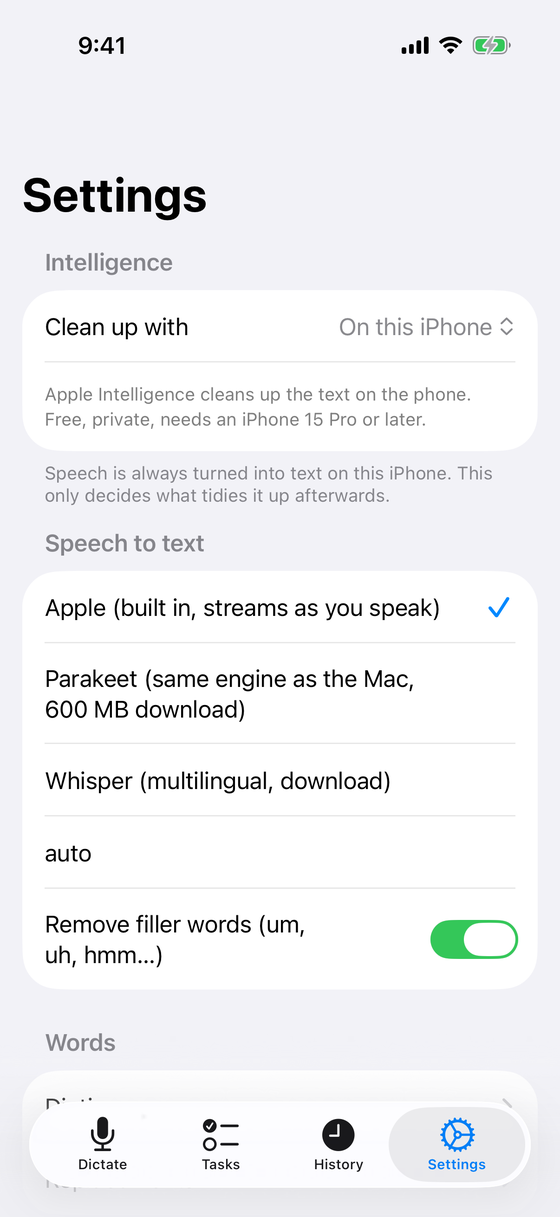 Settings: Pick where cleanup runs and which speech engine listens.