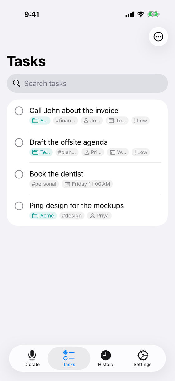 Tasks: Dates, tags and people stay with the task. Review, then send.